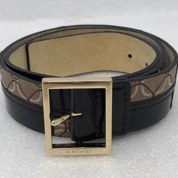 Nine West Belt Patchwork Brown Size Medium Square Gold Tone Buckle - Picture 2 of 13